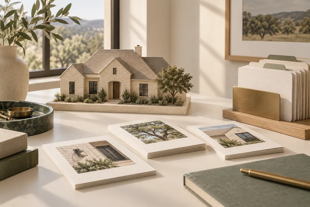 A miniature home beside organized photographs and record cards.